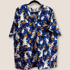 Peaches Uniform Size XL Halloween V-Neck Top with Ghost Pumpkin Nurse Healthcare